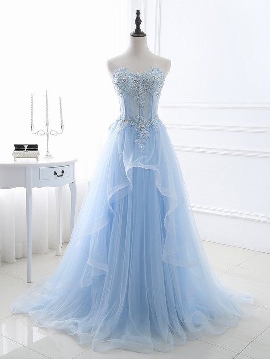 Dresses & Skirts - Strapless Light Blue Tulle Evening Gown